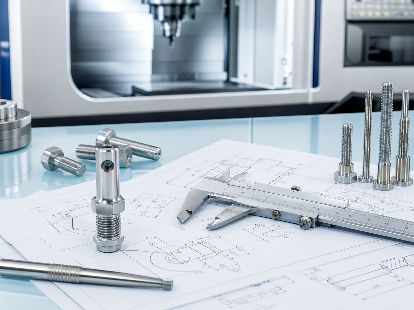 CAD drawings, calipers and custom fastener prototypes on an engineering table
