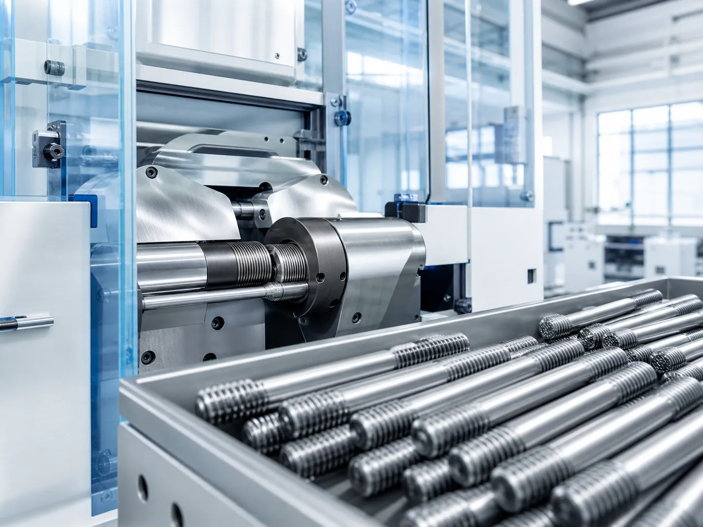 Thread rolling machine with threaded fastener blanks on a production tray