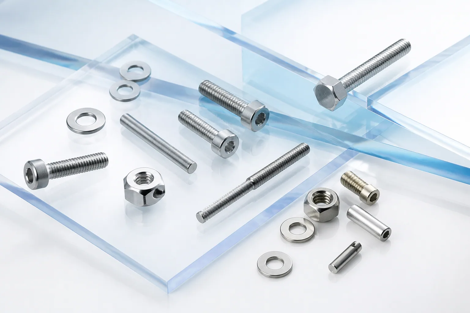 Stainless steel screws, bolts, nuts and washers arranged on layered clear ice-blue glass
