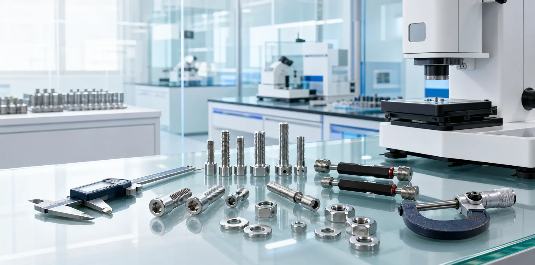 Fasteners, digital caliper, thread gauges and measuring equipment in a bright quality laboratory