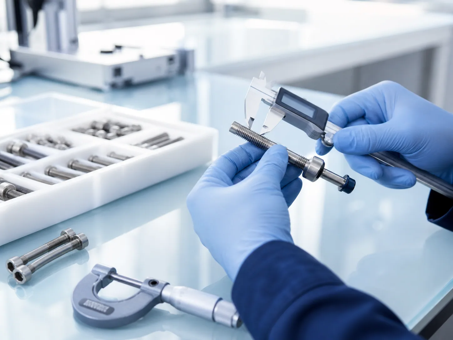 Gloved inspector measuring a threaded fastener with a digital caliper and thread gauge