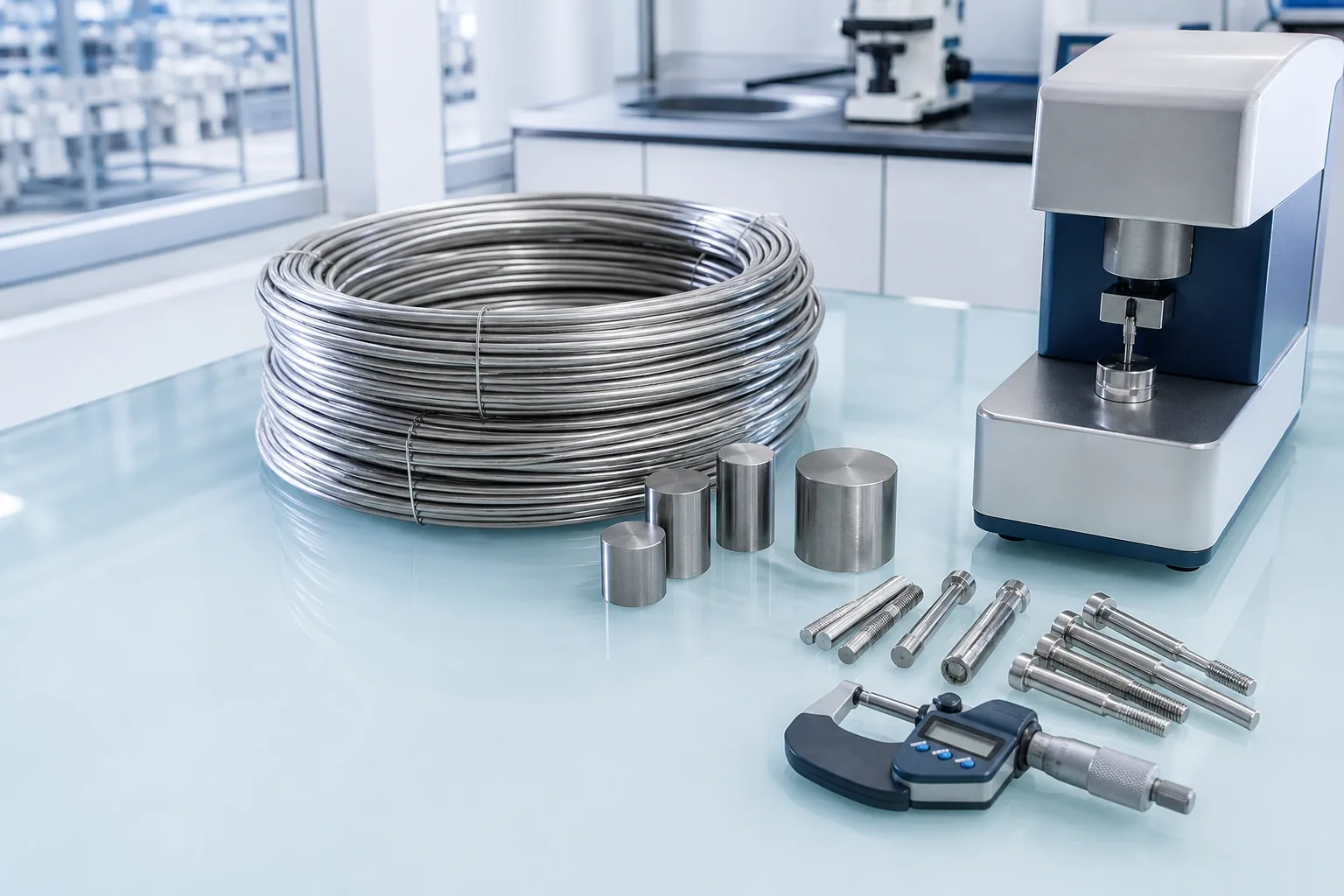Incoming steel wire, fastener samples and material inspection equipment on a bright laboratory bench