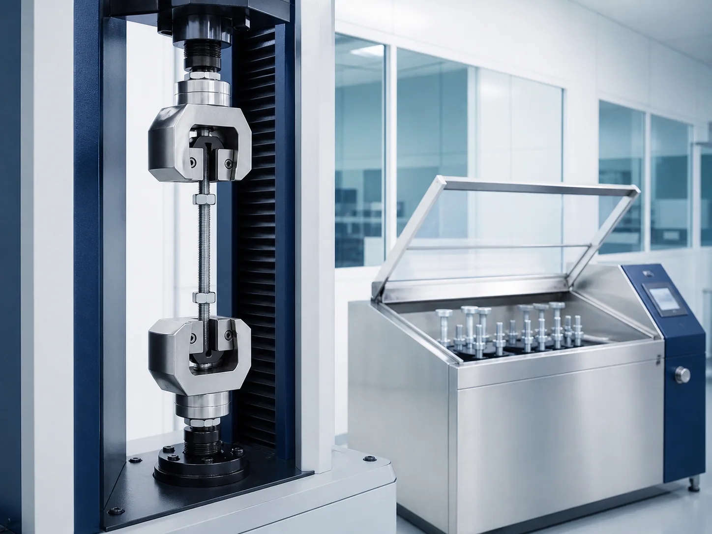 Tensile testing machine and Neutral Salt Spray chamber in a bright fastener laboratory